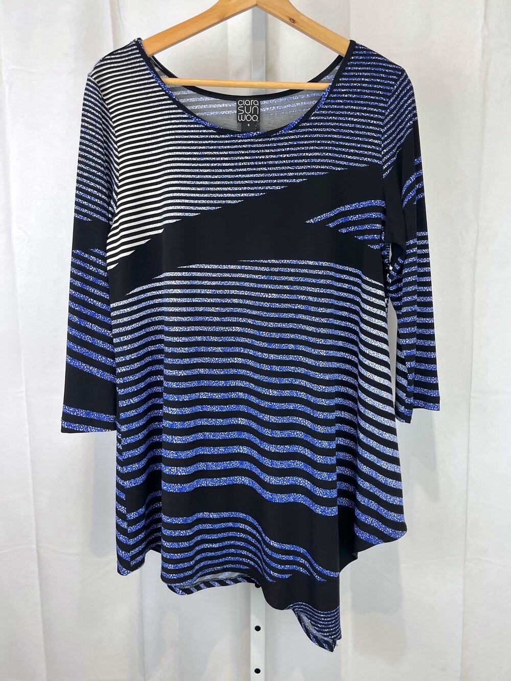 CLARA SUN WOO Stripe Printed Tunic Top 3/4 Sleeve Asymmetric Hem Blue Black S